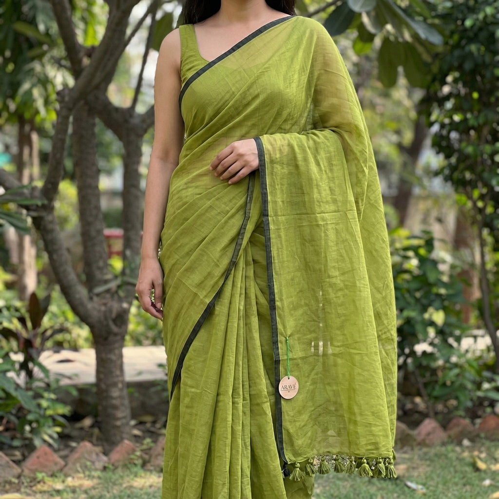 Regal Loom - Olive Green Mulmul Saree with Black Thin Border and Olive Green Tassels