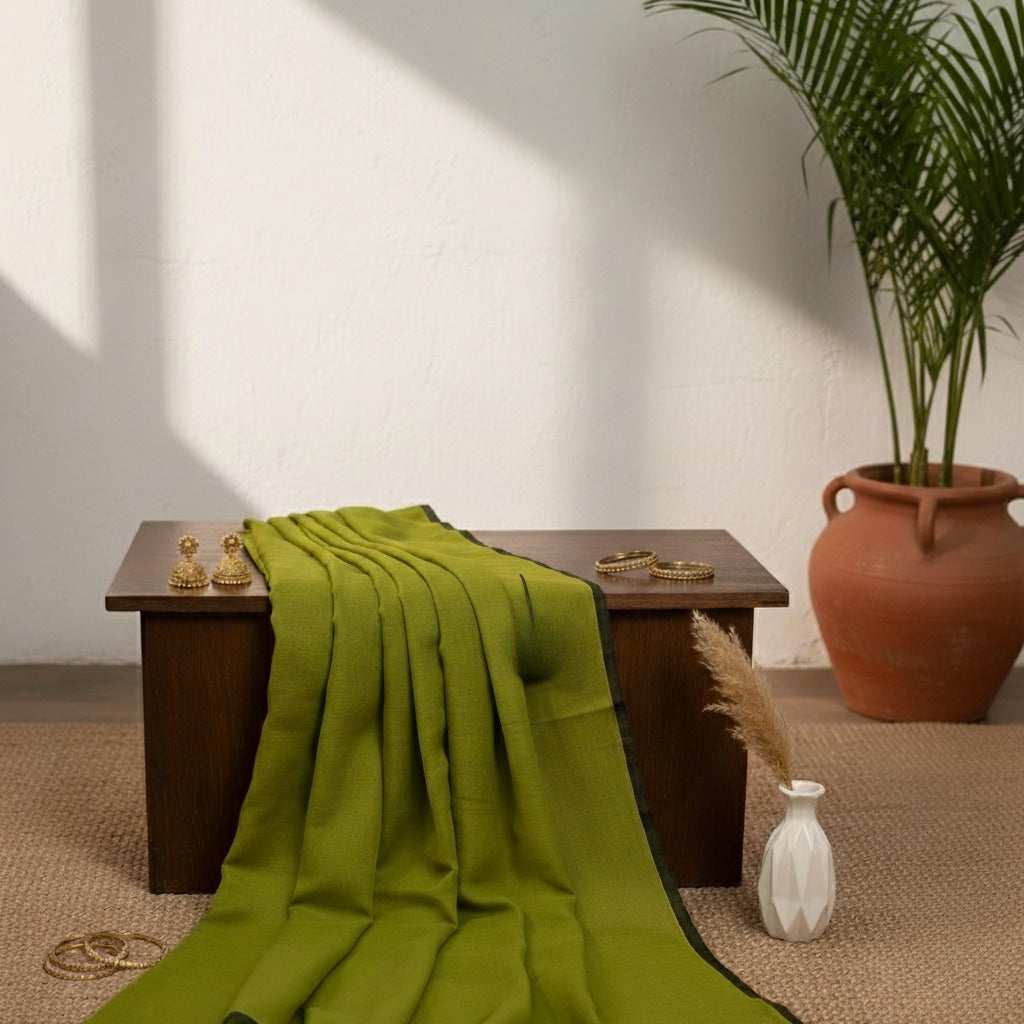 Regal Loom - Olive Green Mulmul Saree with Black Thin Border