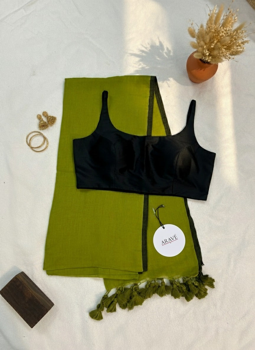 Regal Loom - Olive Green Mulmul Saree with Black Thin Border