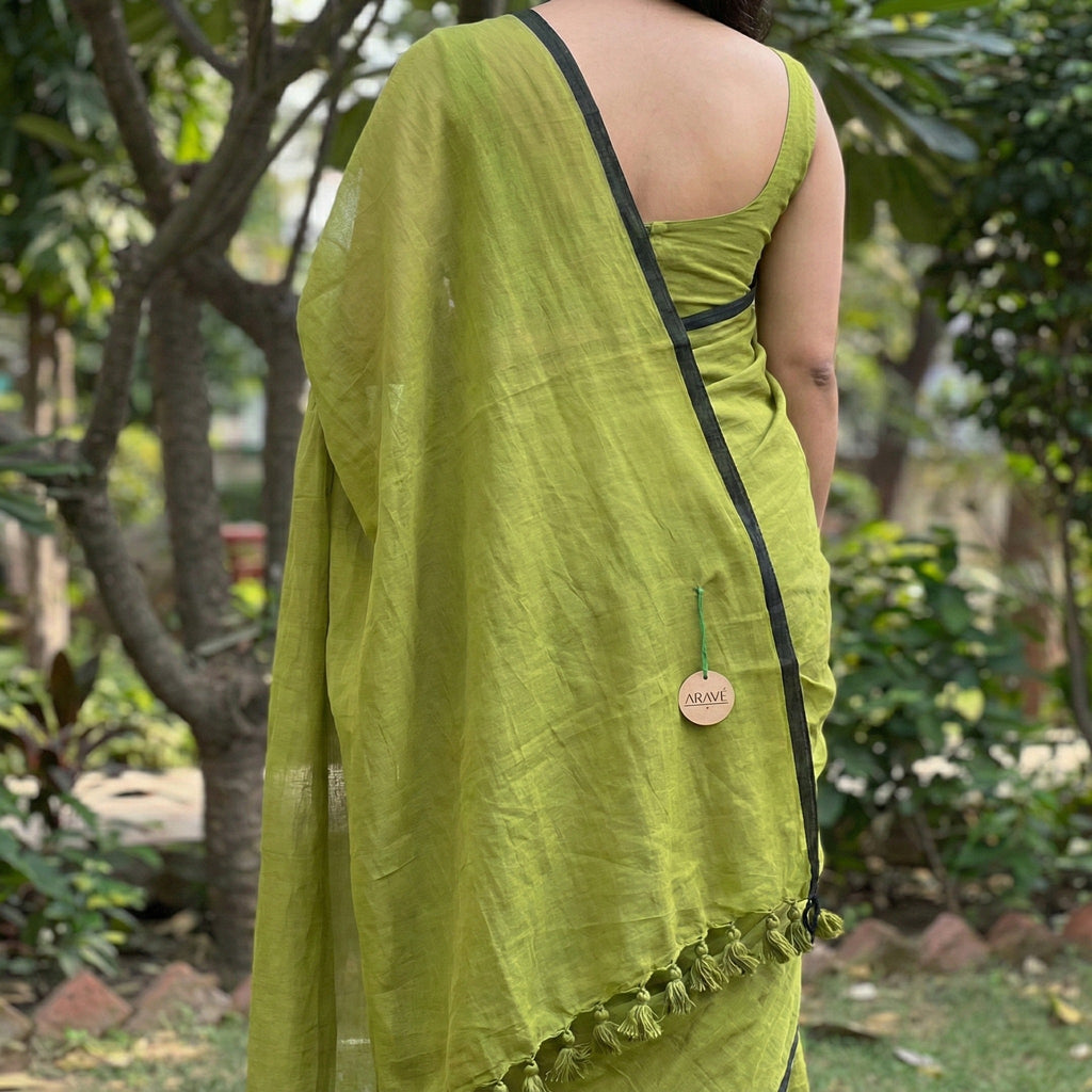 Regal Loom - Olive Green Mulmul Saree with Black Thin Border and Olive Green Tassels