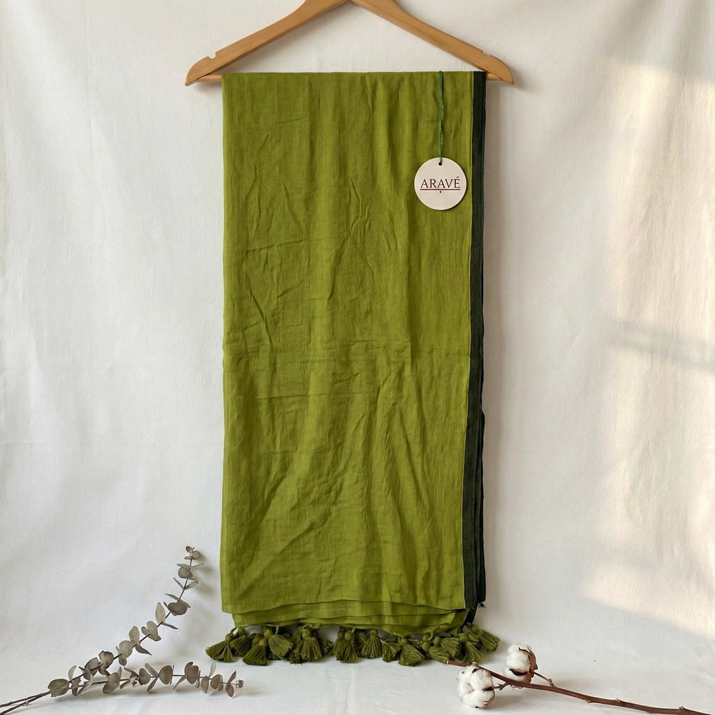 Regal Loom - Olive Green Mulmul Saree with Black Thin Border and Olive Green Tassels