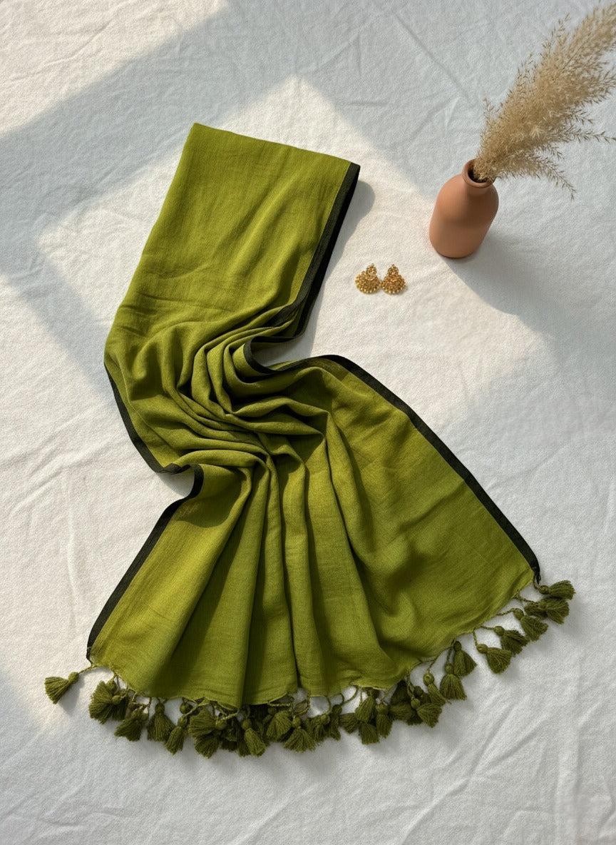 Regal Loom - Olive Green Mulmul Saree with Black Thin Border