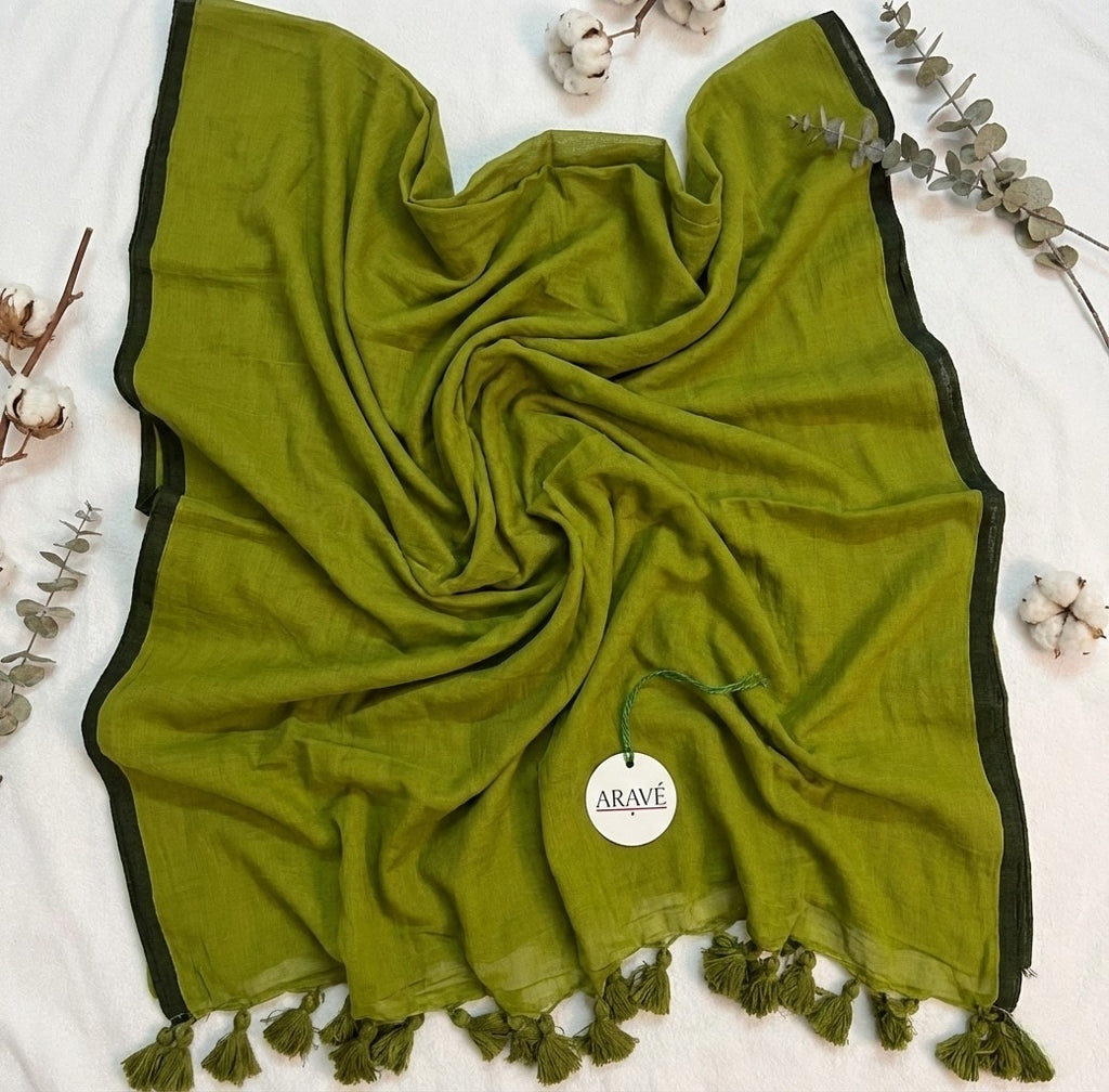 Regal Loom - Olive Green Mulmul Saree with Black Thin Border and Olive Green Tassels