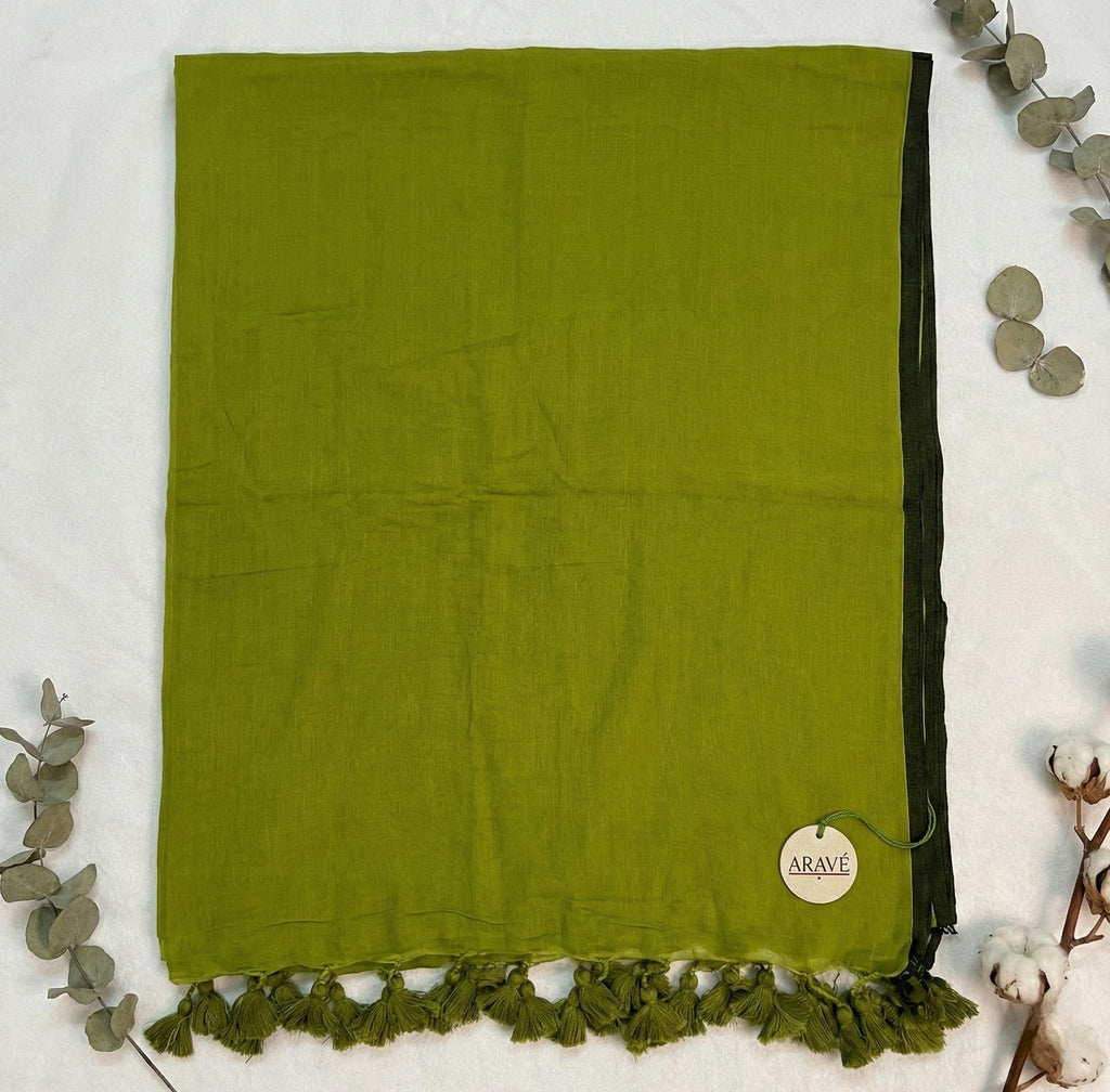 Regal Loom - Olive Green Mulmul Saree with Black Thin Border and Olive Green Tassels