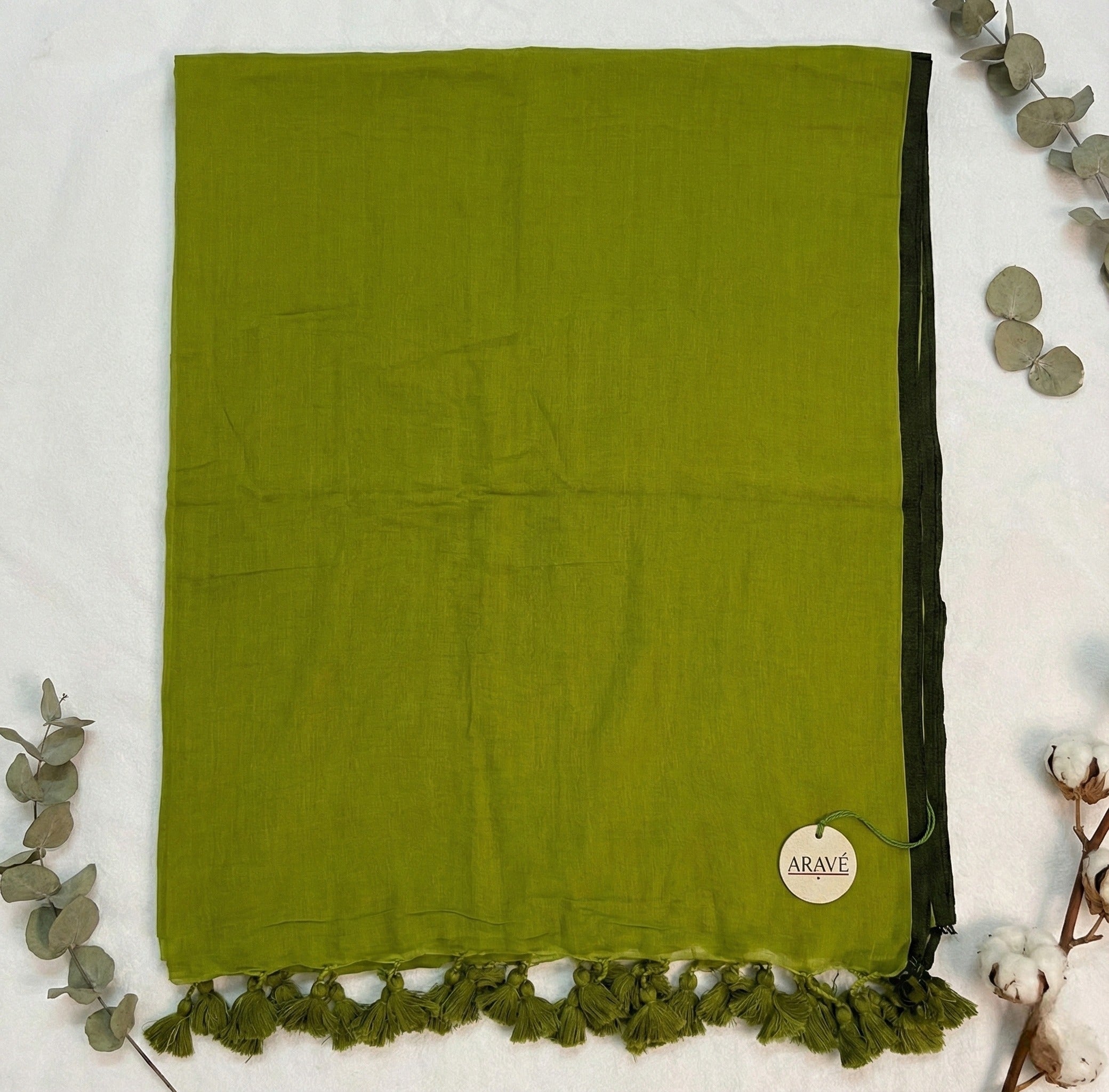Regal Loom - Olive Green Mulmul Saree with Black Thin Border and Olive Green Tassels