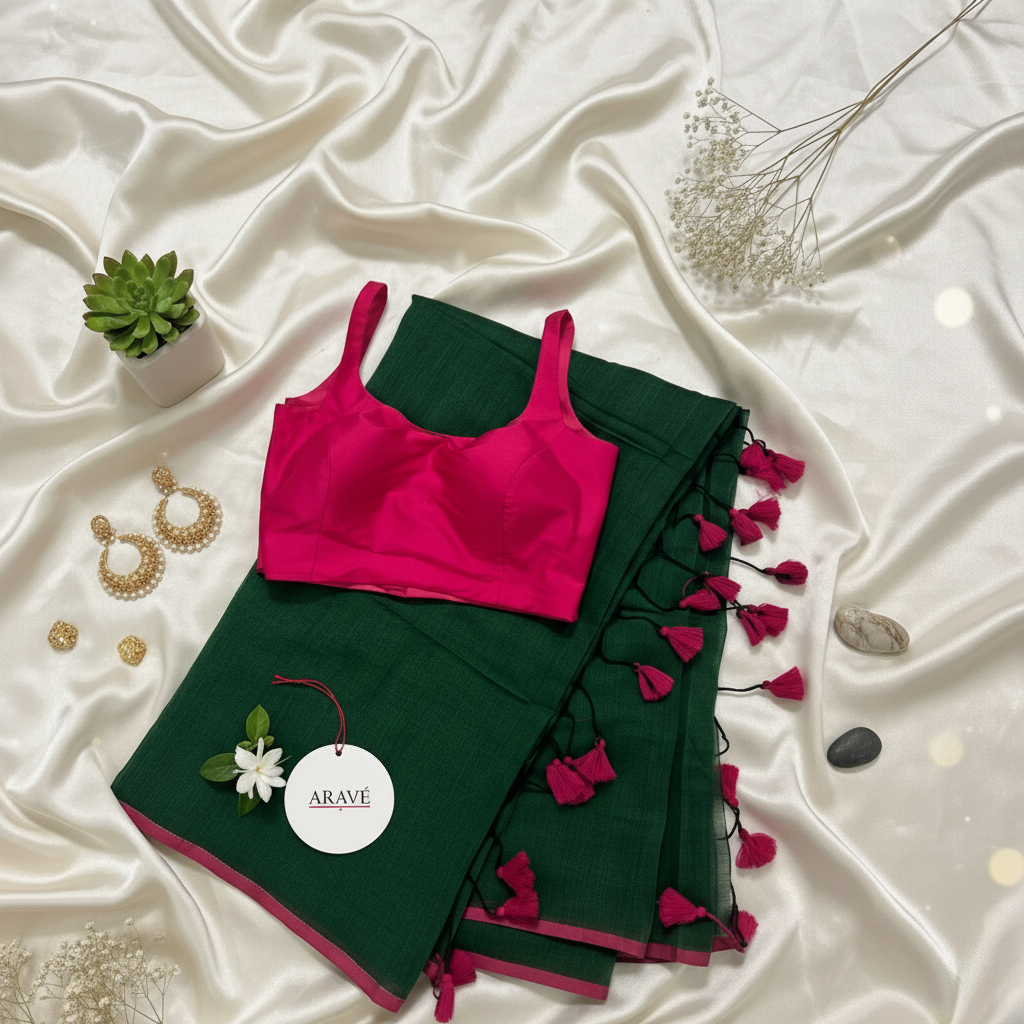 Gulabi Edge - Bottle Green Mulmul Saree with Thin Pink Border