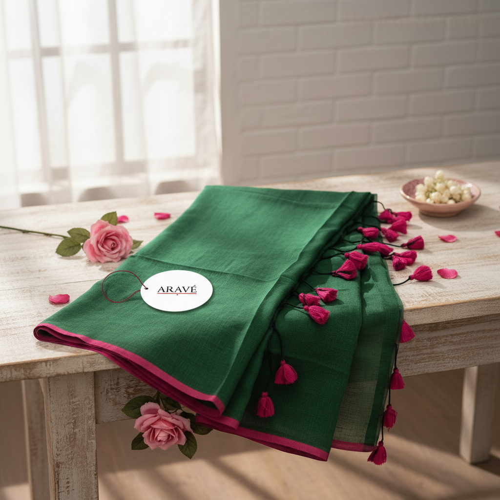Gulabi Edge - Bottle Green Mulmul Saree with Thin Pink Border