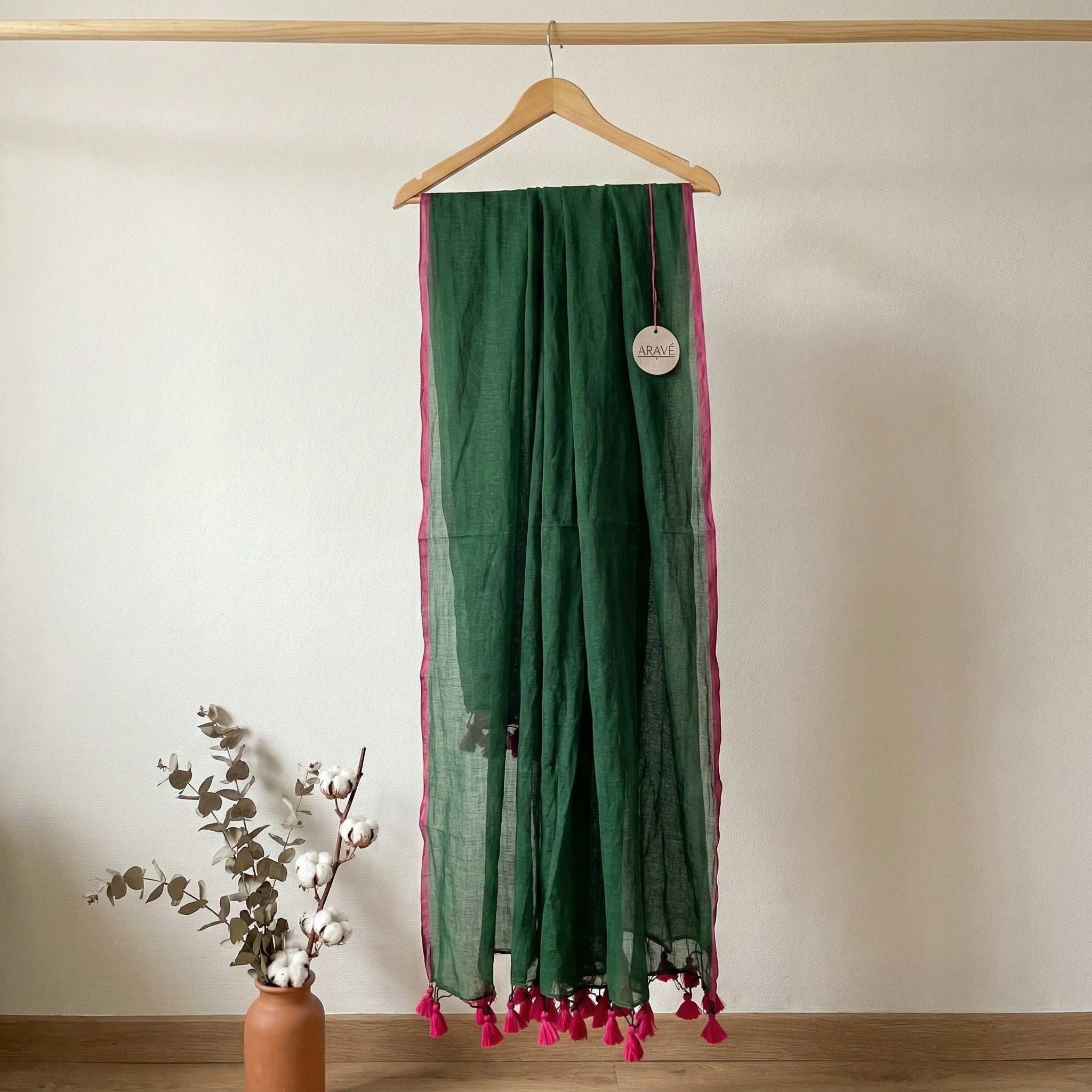 Gulabi Edge - Bottle Green Mulmul Saree with Thin Pink Border and Pink Tassels