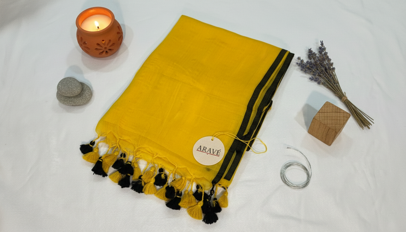 Sunehri Tale - Mango Yellow Mulmul Saree with Thin Black Border and Yellow–Black Tassels