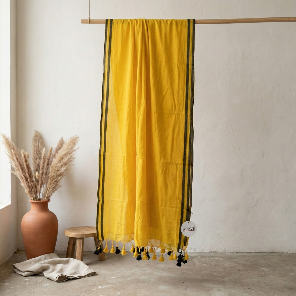 Sunehri Tale - Mango Yellow Mulmul Saree with Thin Black Border and Yellow–Black Tassels