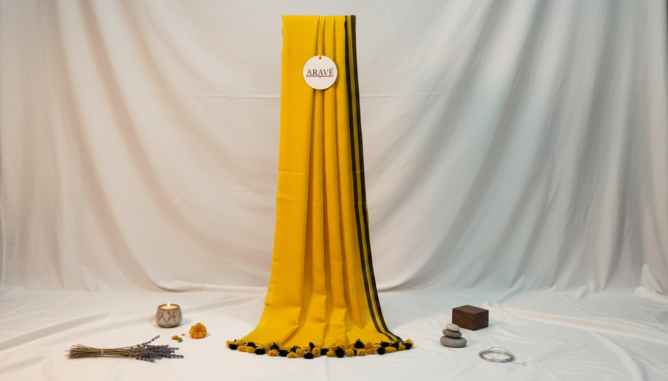 Sunehri Tale - Mango Yellow Mulmul Saree with Thin Black Border and Yellow–Black Tassels