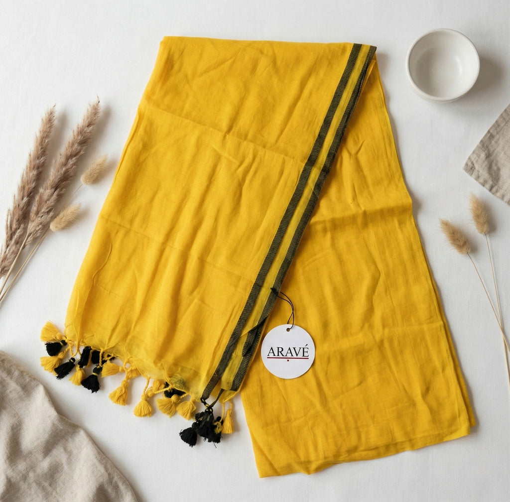 Sunehri Tale - Mango Yellow Mulmul Saree with Thin Black Border and Yellow–Black Tassels