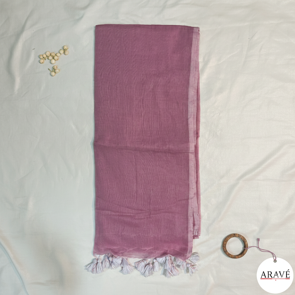 Noor Veil - Baby Pink Mulmul Saree with Light Pink Thin Border and White Tassels