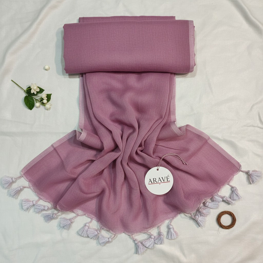 Noor Veil - Baby Pink Mulmul Saree with Light Pink Thin Border and White Tassels