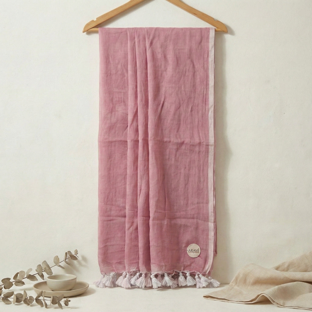 Noor Veil - Baby Pink Mulmul Saree with Light Pink Thin Border and White Tassels