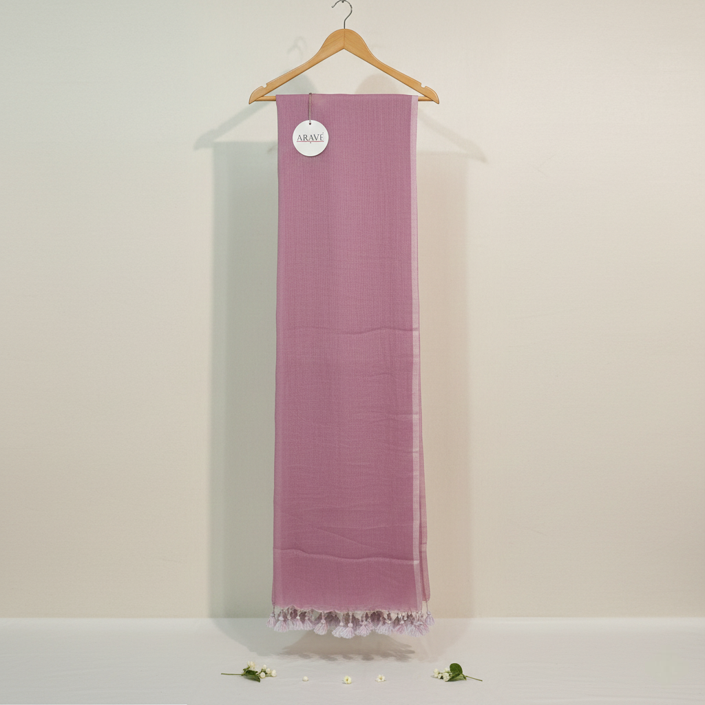 Noor Veil - Baby Pink Mulmul Saree with Light Pink Thin Border and White Tassels