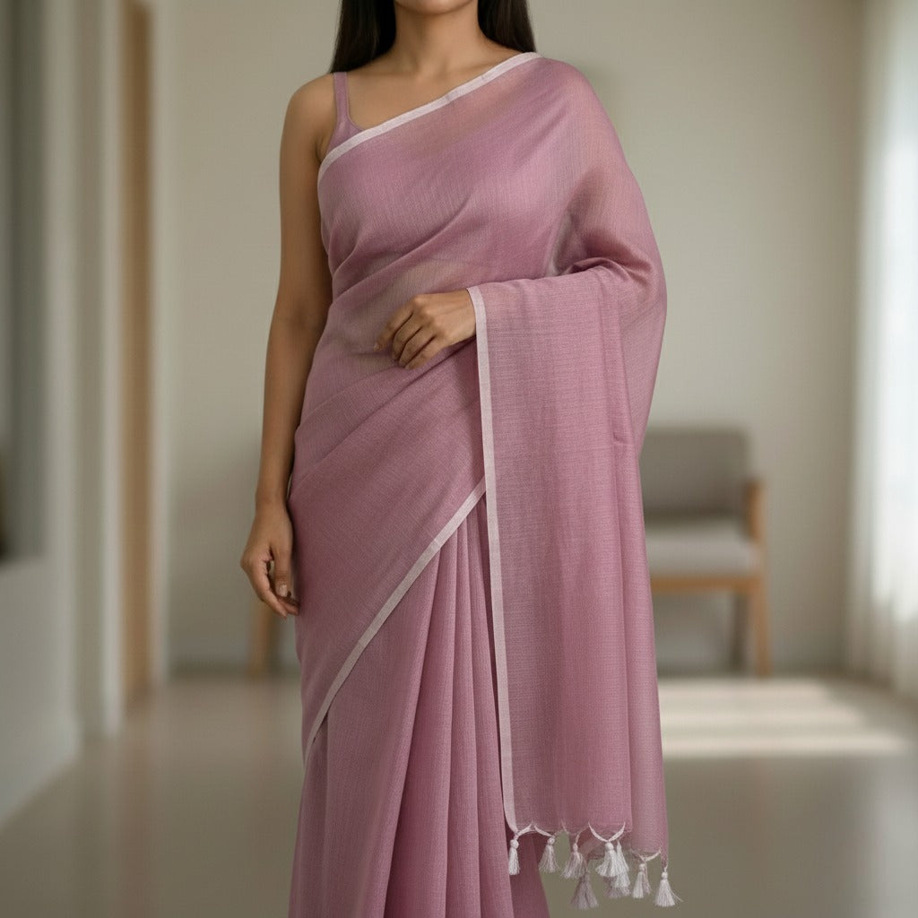Noor Veil - Baby Pink Mulmul Saree with Light Pink Thin Border and White Tassels