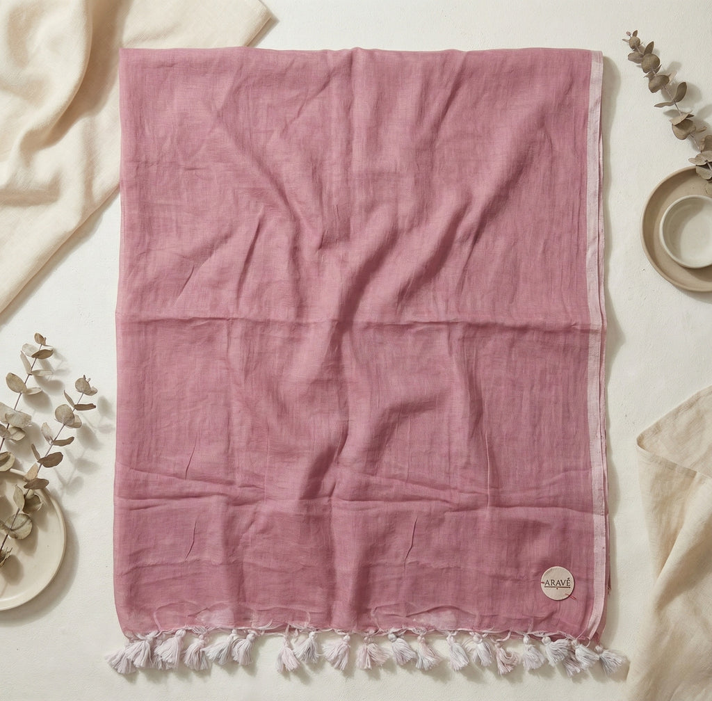 Noor Veil - Baby Pink Mulmul Saree with Light Pink Thin Border and White Tassels