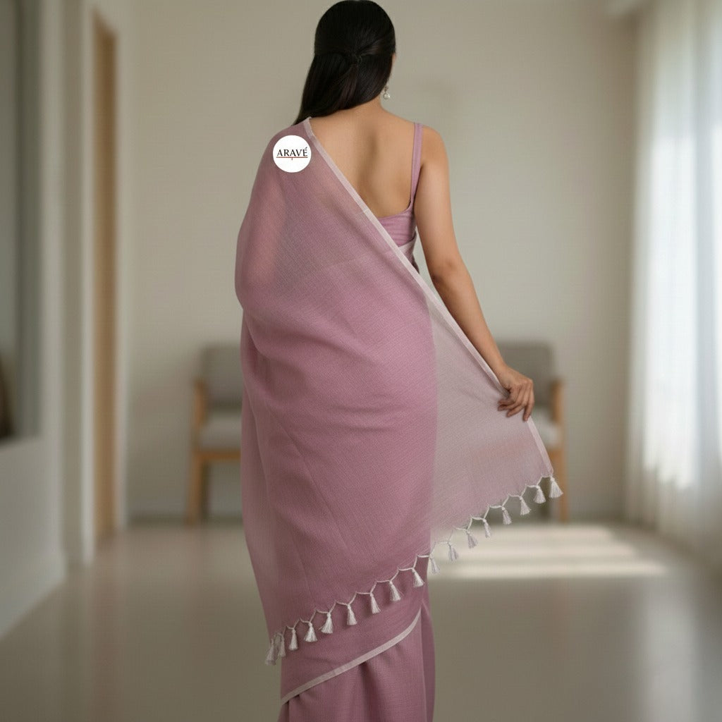 Noor Veil - Baby Pink Mulmul Saree with Light Pink Thin Border and White Tassels