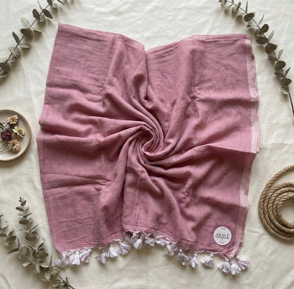 Noor Veil - Baby Pink Mulmul Saree with Light Pink Thin Border and White Tassels