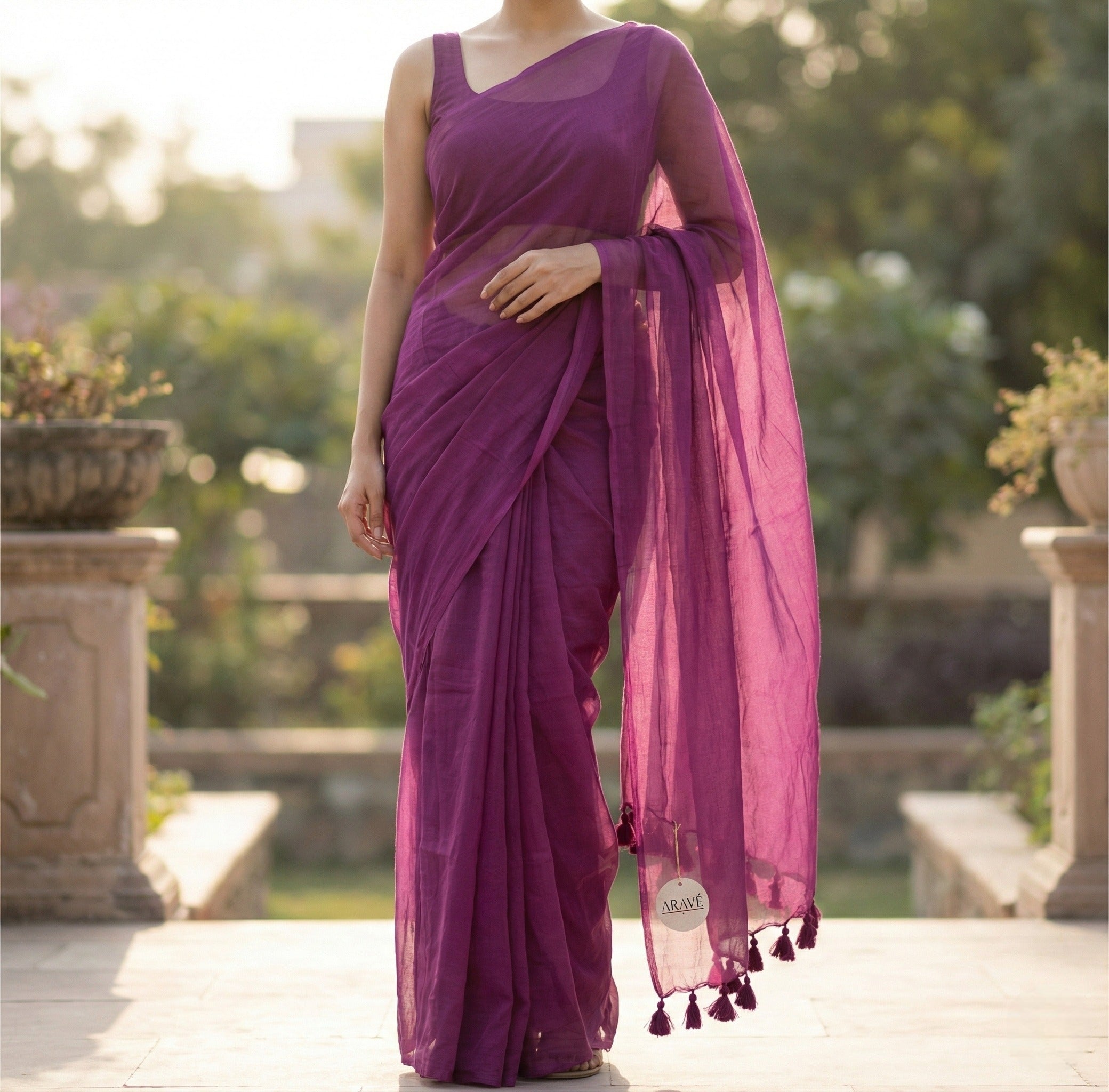 Rani Aura - Rani Pink Mulmul Saree with Rani Pink Tassels (No Border)