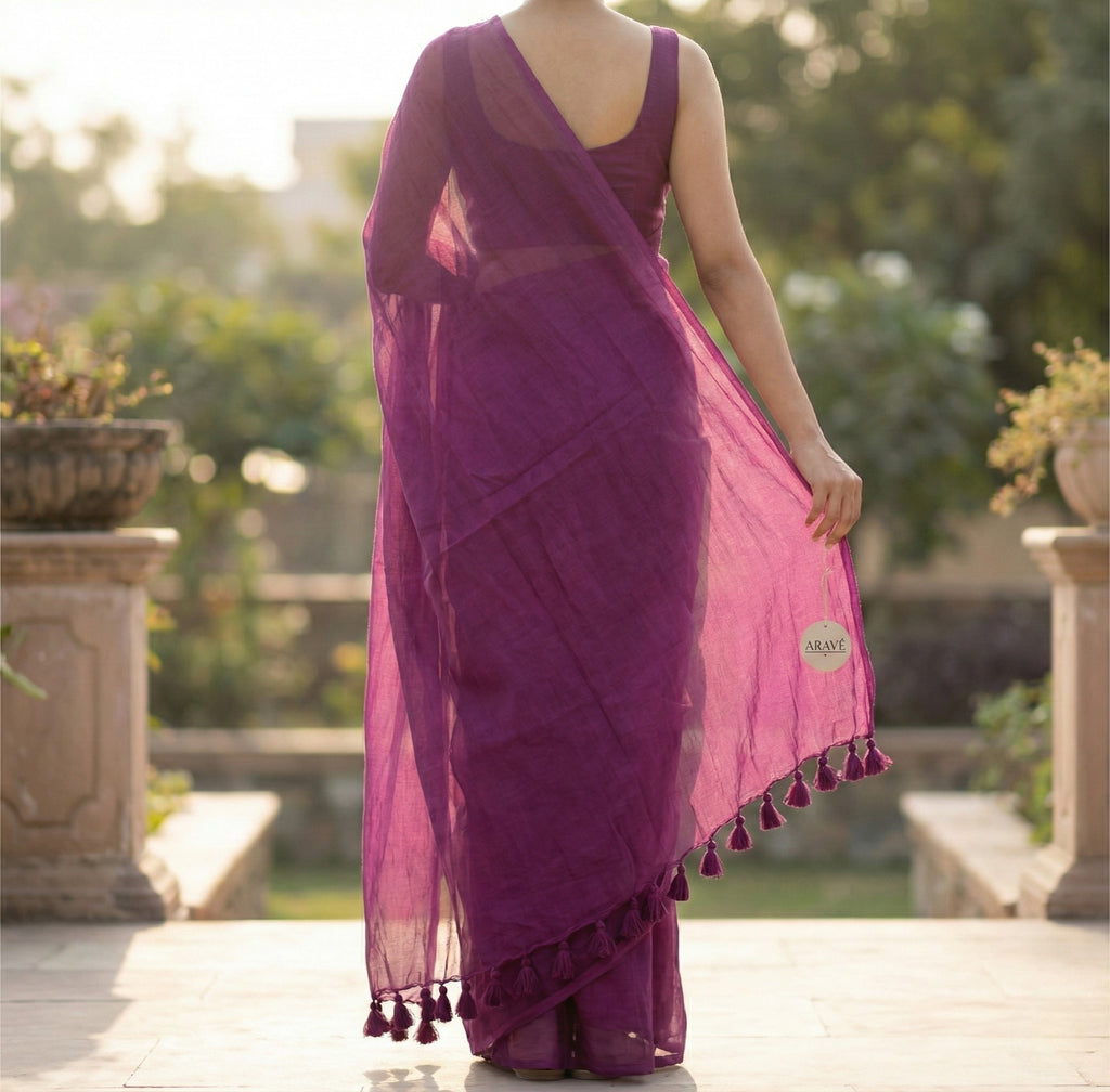 Rani Aura - Rani Pink Mulmul Saree with Rani Pink Tassels (No Border)