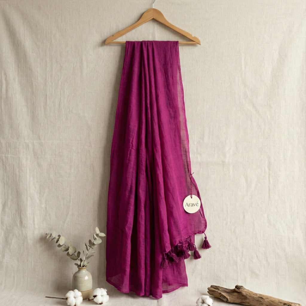 Rani Aura - Rani Pink Mulmul Saree with Rani Pink Tassels (No Border)