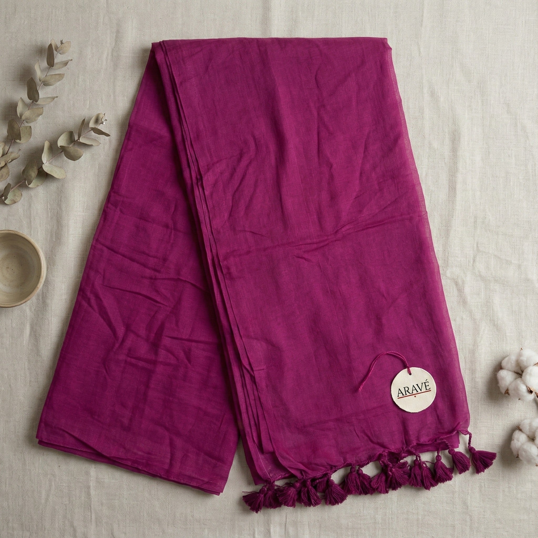 Rani Aura - Rani Pink Mulmul Saree with Rani Pink Tassels (No Border)