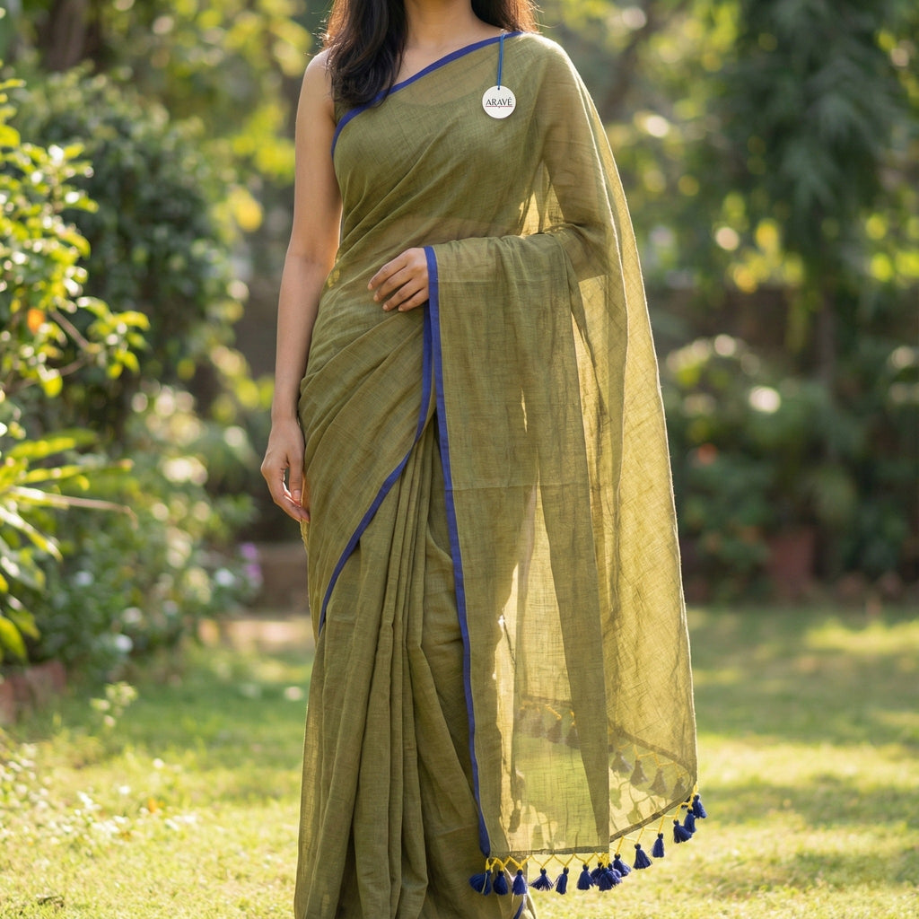 Neel Tara - Metallic Olive Mulmul Saree with Indigo Thin Border and Indigo Tassels