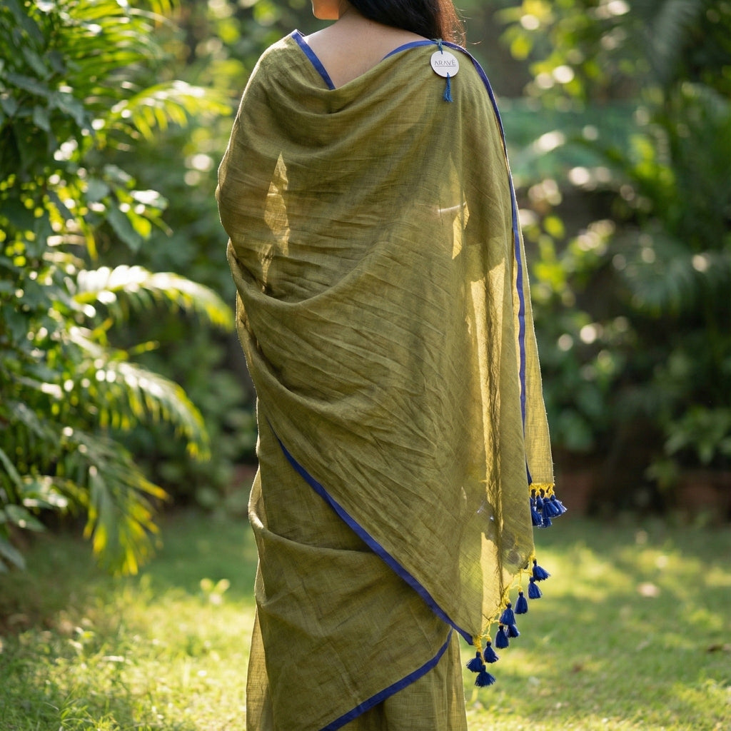 Neel Tara - Metallic Olive Mulmul Saree with Indigo Thin Border and Indigo Tassels