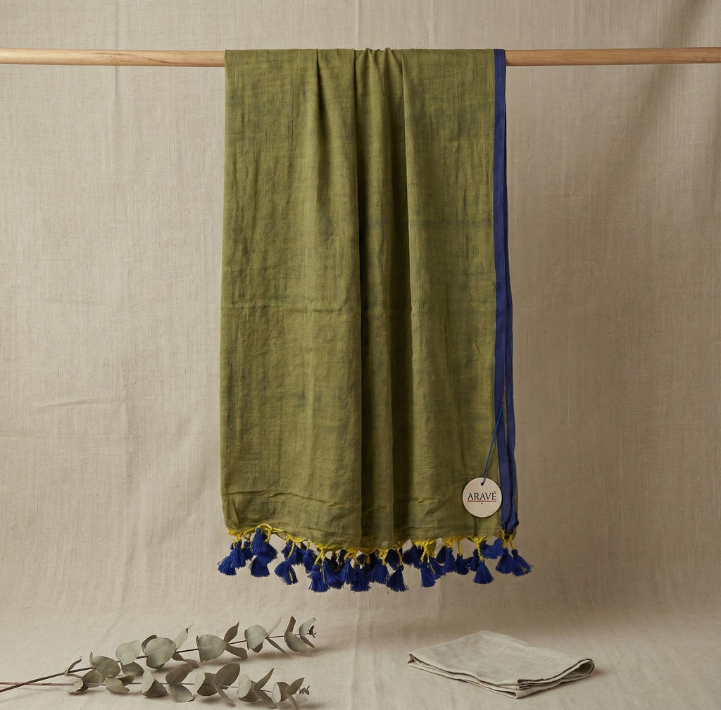 Neel Tara - Metallic Olive Mulmul Saree with Indigo Thin Border and Indigo Tassels