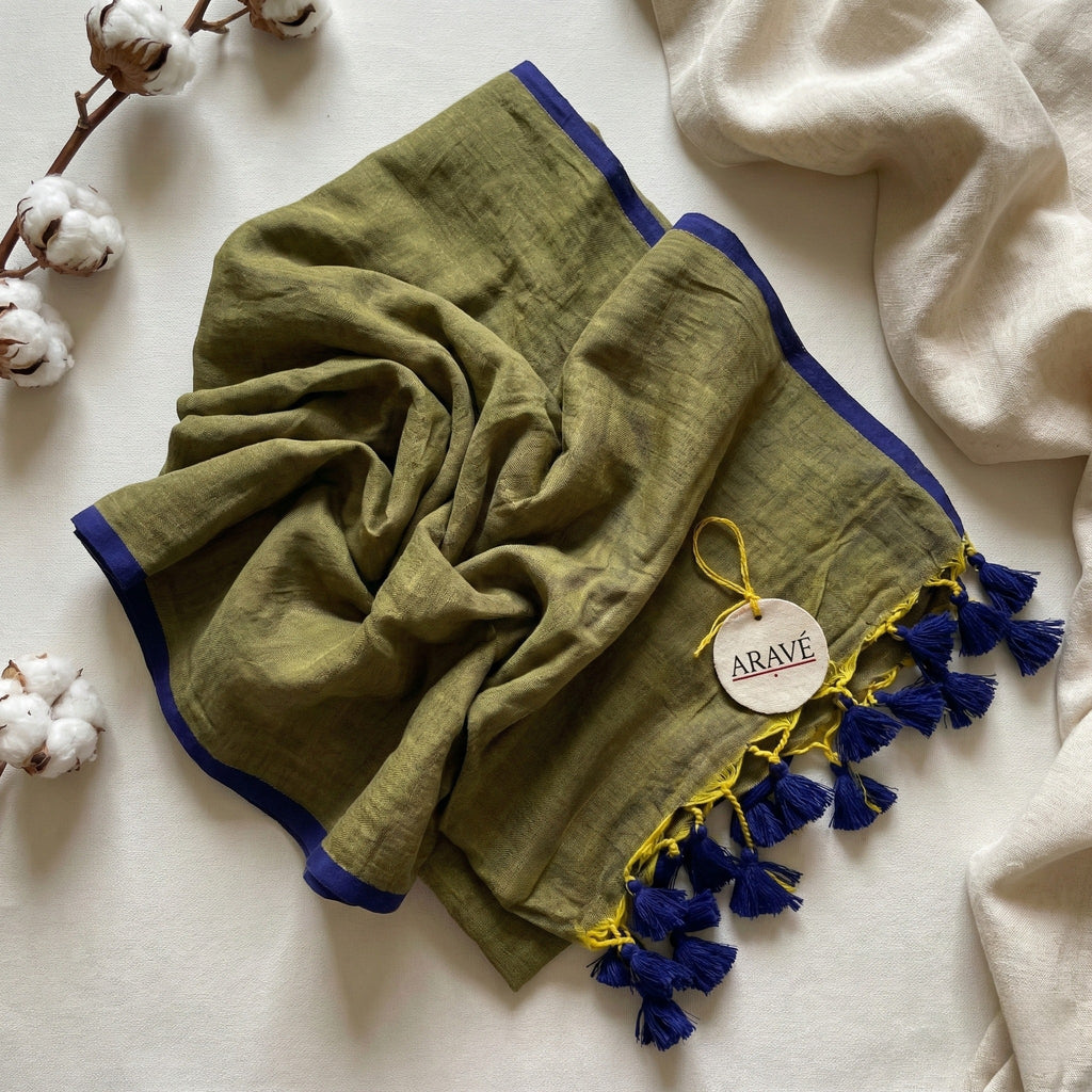 Neel Tara - Metallic Olive Mulmul Saree with Indigo Thin Border and Indigo Tassels