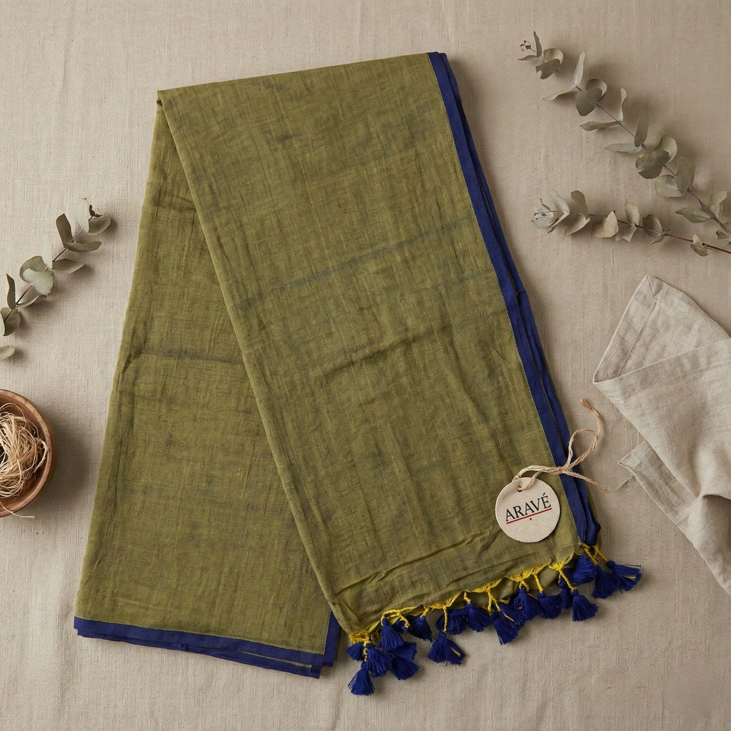 Neel Tara - Metallic Olive Mulmul Saree with Indigo Thin Border and Indigo Tassels
