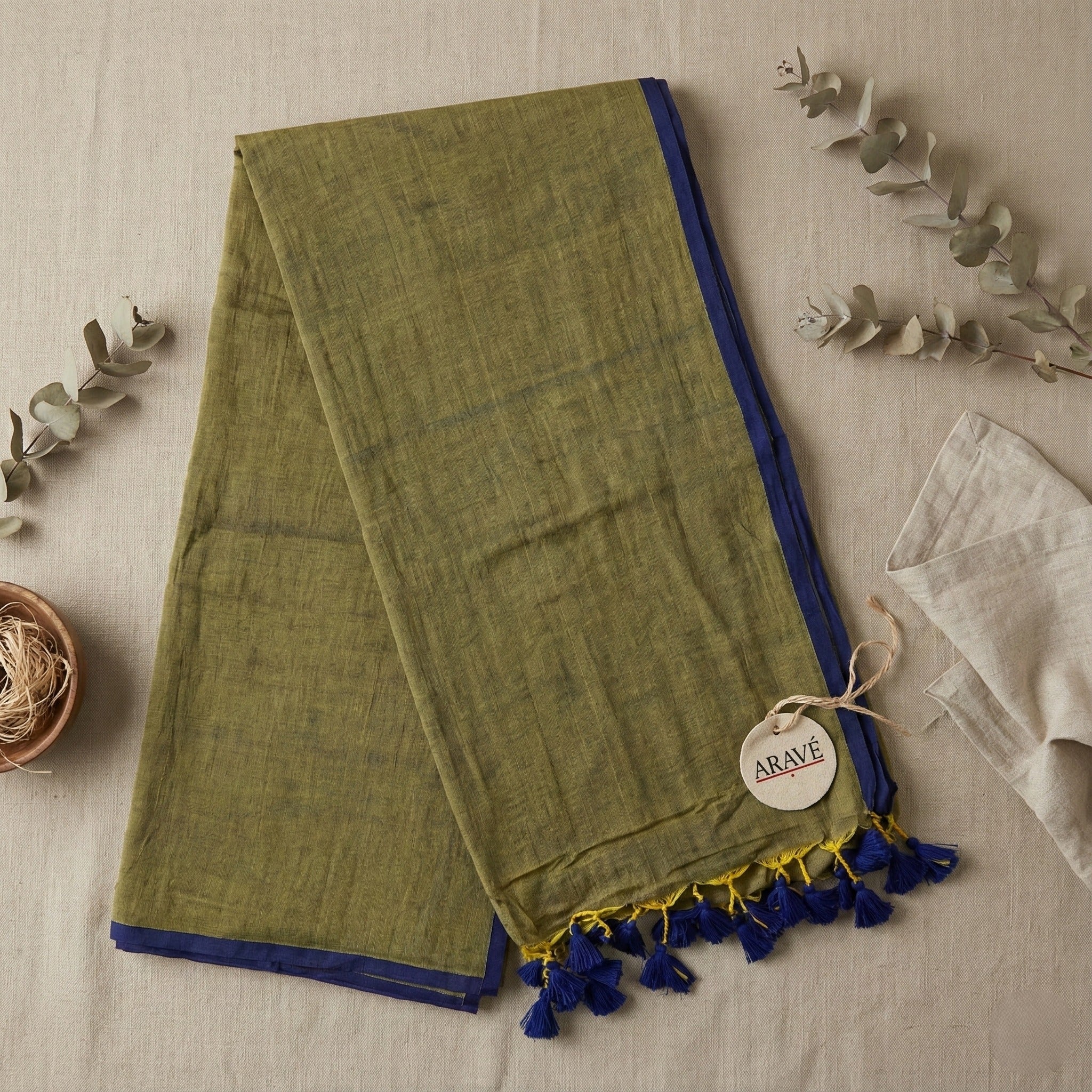 Neel Tara - Metallic Olive Mulmul Saree with Indigo Thin Border and Indigo Tassels