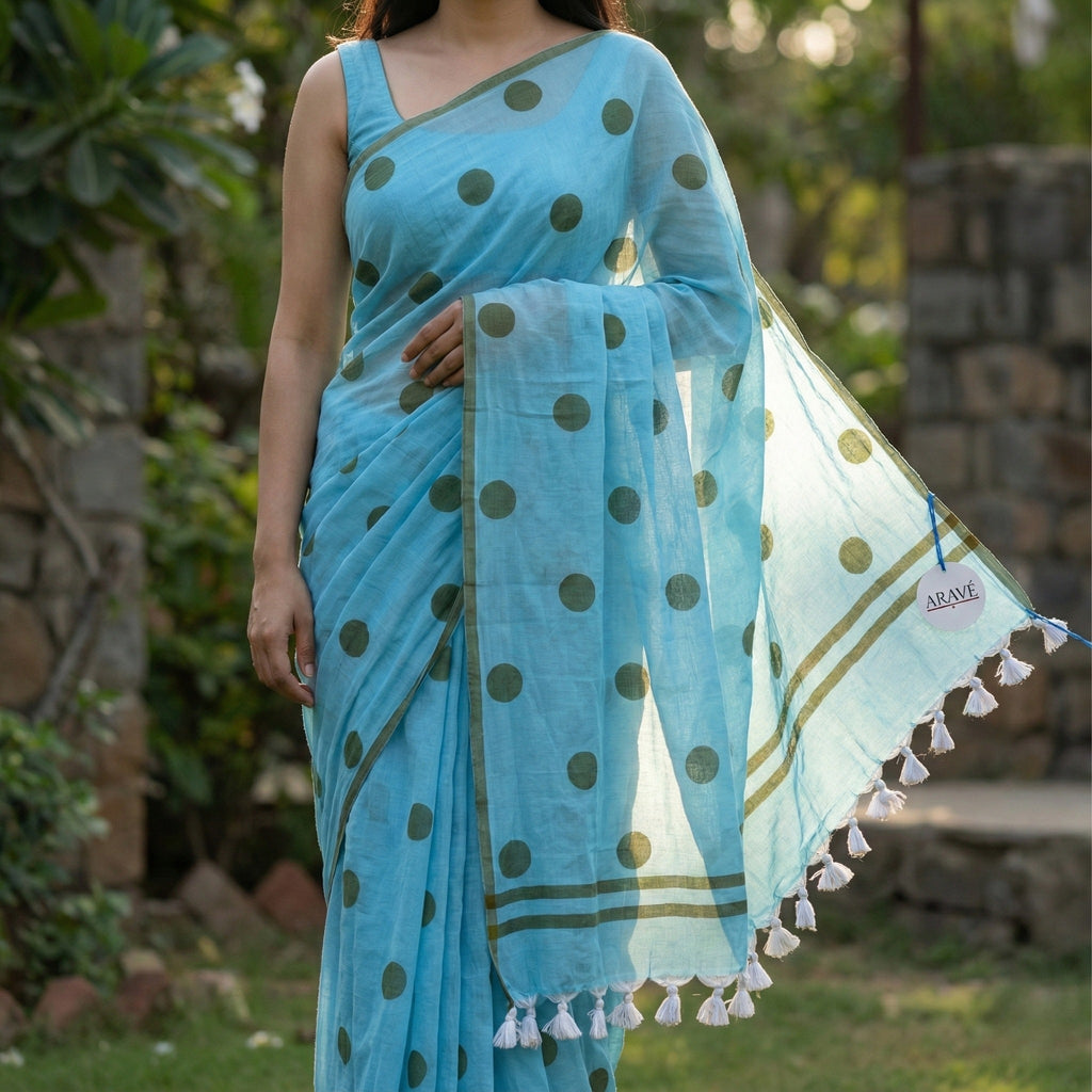 Aasmaa Charm - Sky Blue Mulmul Saree with Thin Olive Border, Olive Polka Dots, and White Tassels