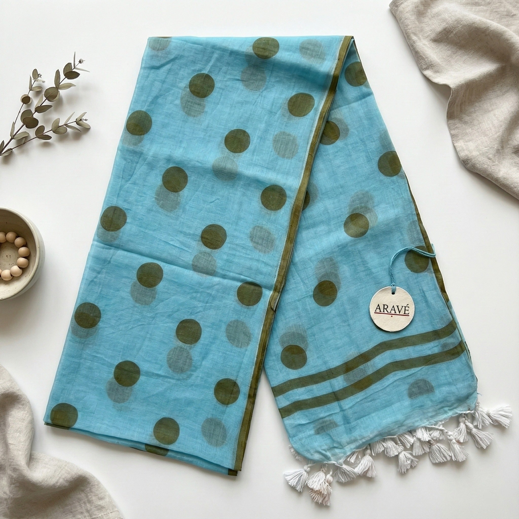 Aasmaa Charm - Sky Blue Mulmul Saree with Thin Olive Border, Olive Polka Dots, and White Tassels