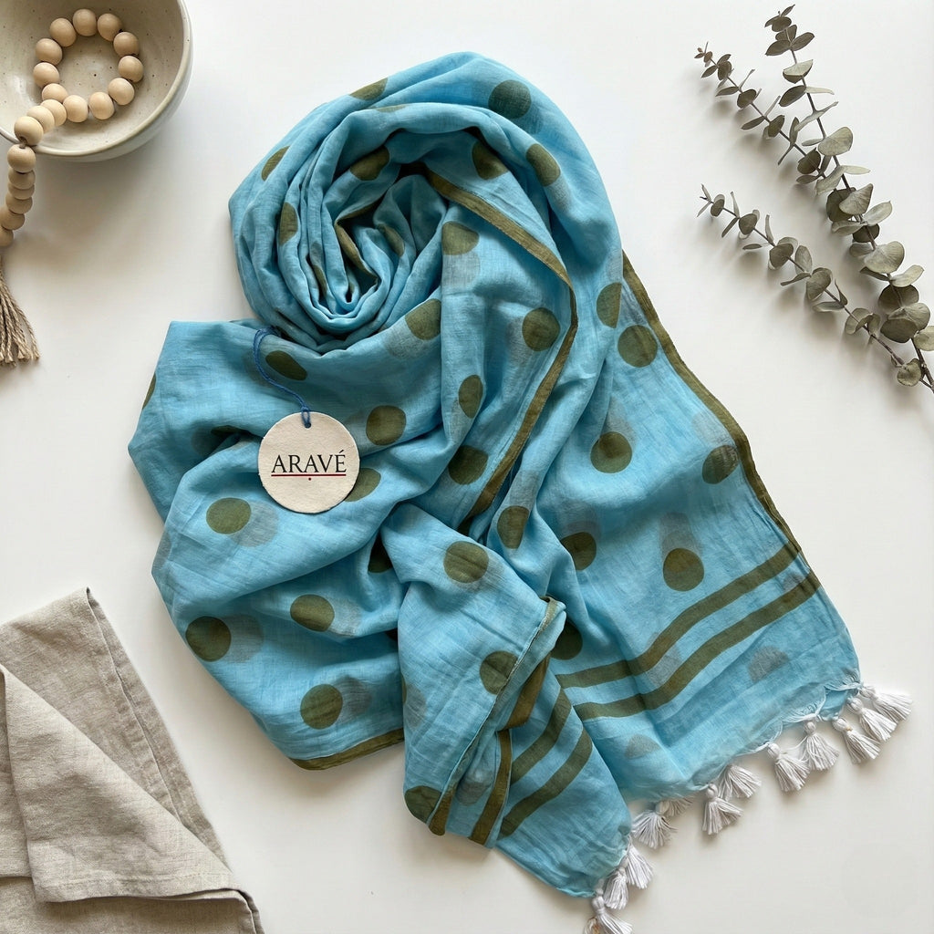 Aasmaa Charm - Sky Blue Mulmul Saree with Thin Olive Border, Olive Polka Dots, and White Tassels