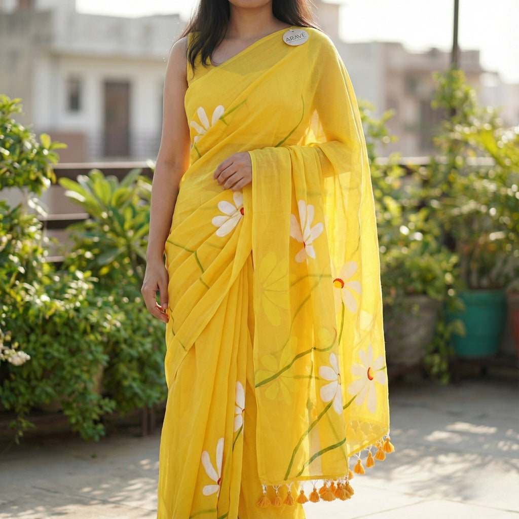 Sunehri Daisy - Mustard Yellow Mulmul Saree with Hand-Painted Daisy Motifs and Orange Tassels