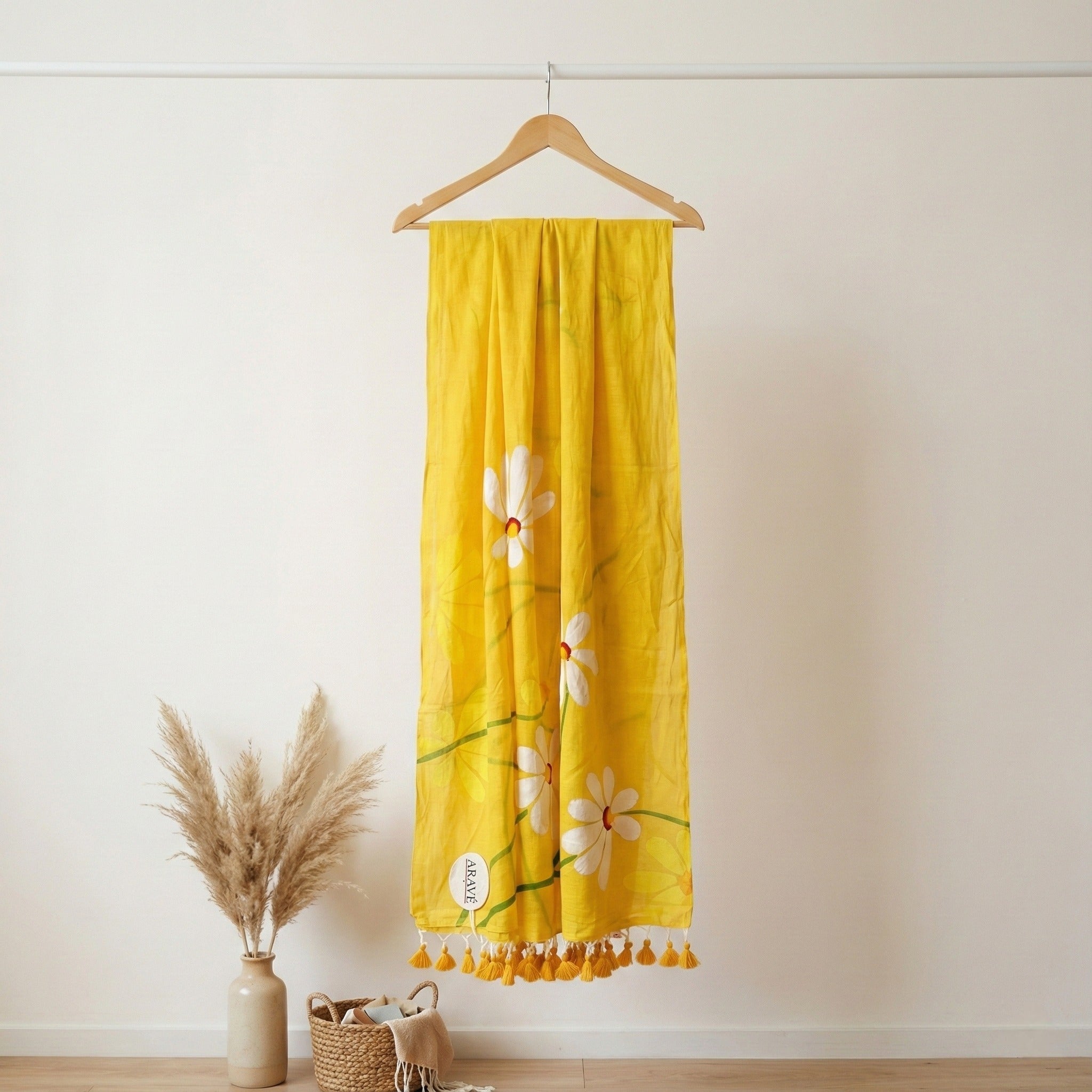Sunehri Daisy - Mustard Yellow Mulmul Saree with Hand-Painted Daisy Motifs and Orange Tassels