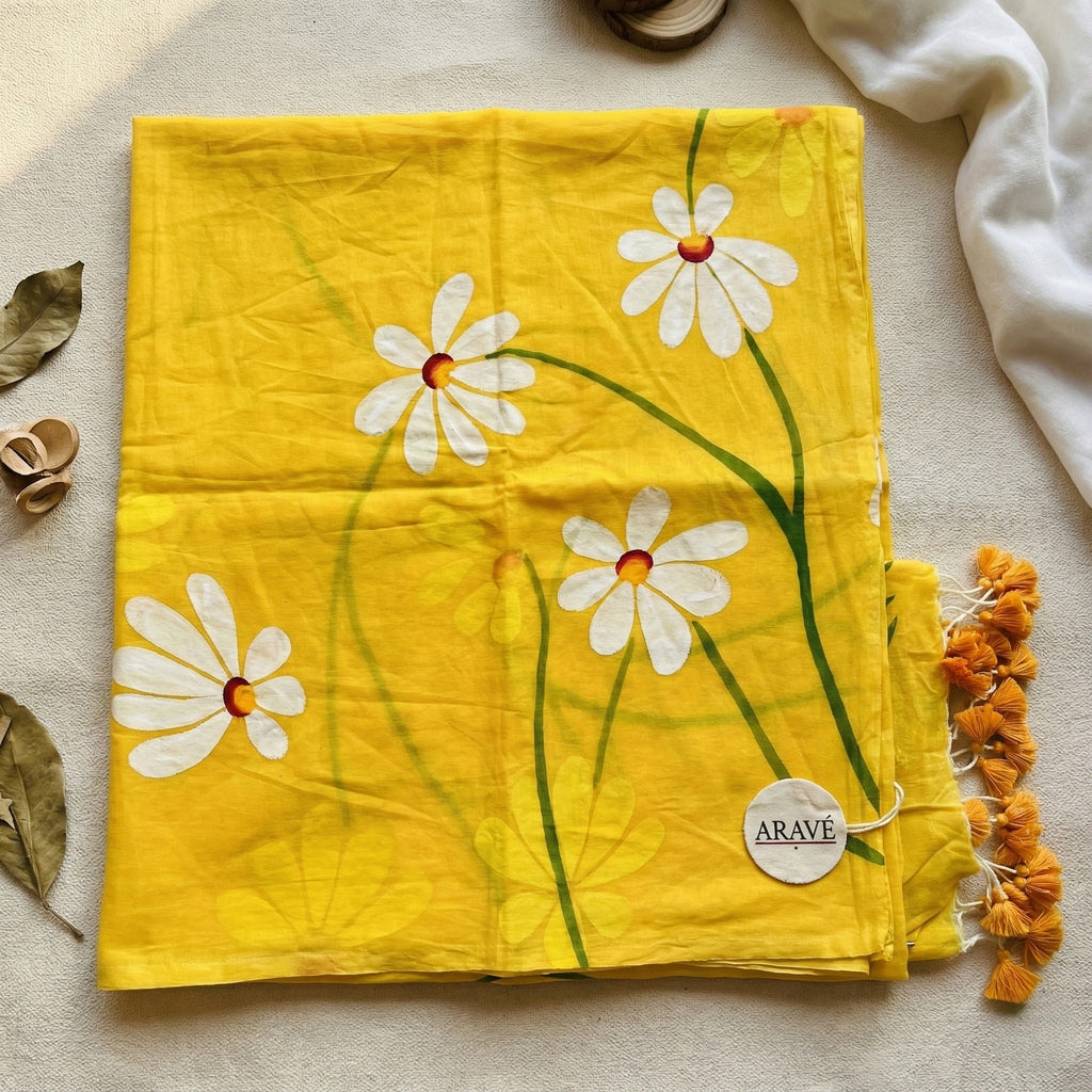 Sunehri Daisy - Mustard Yellow Mulmul Saree with Hand-Painted Daisy Motifs and Orange Tassels
