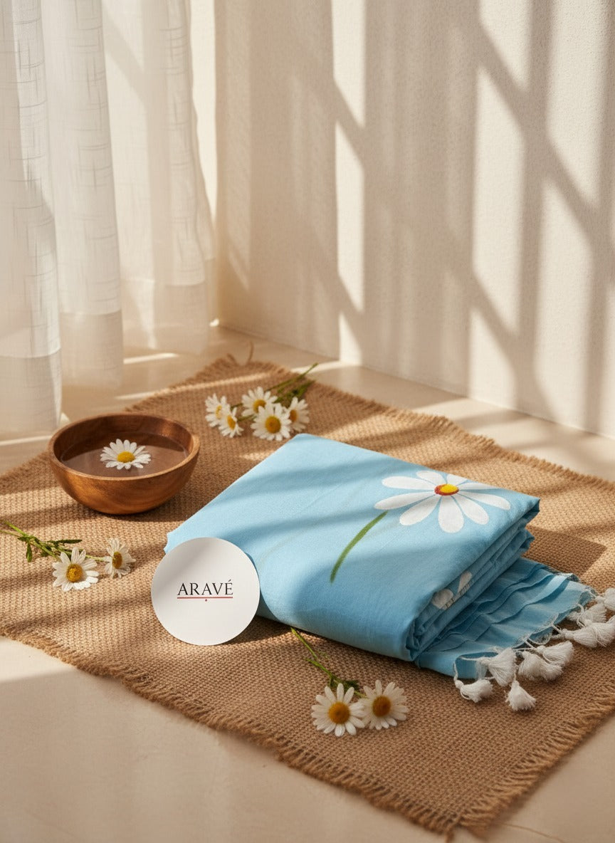 Khwaab Sky - Sky Blue Mulmul Saree with Hand-Painted Daisy Motifs