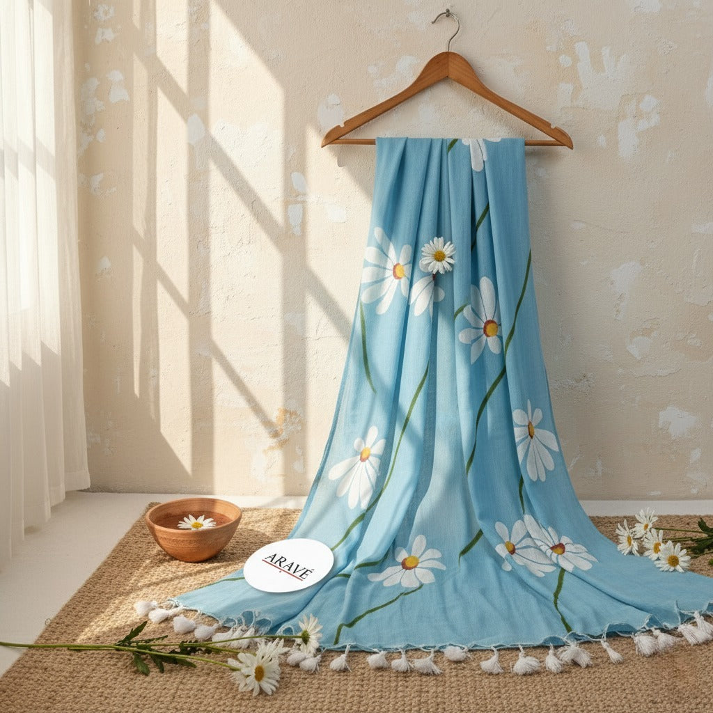 Khwaab Sky - Sky Blue Mulmul Saree with Hand-Painted Daisy Motifs