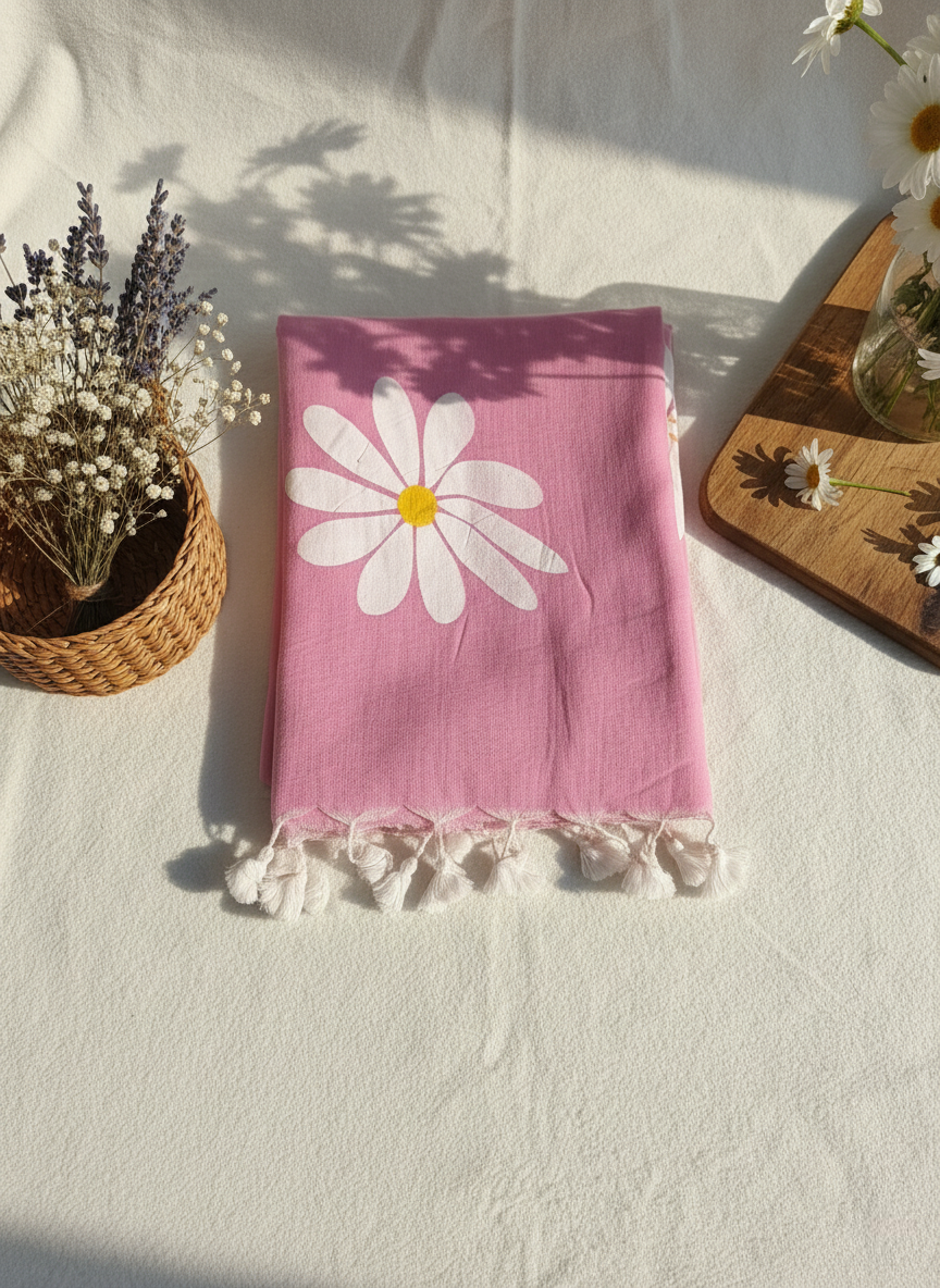 Gulabi Bloom - Baby Pink Mulmul Saree with Hand-Painted Daisy Motifs