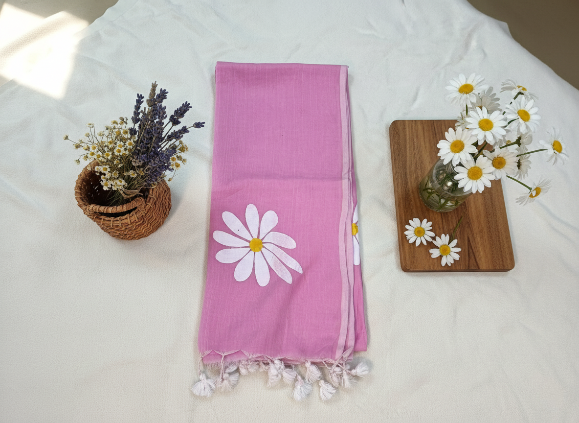 Gulabi Bloom - Baby Pink Mulmul Saree with Hand-Painted Daisy Motifs