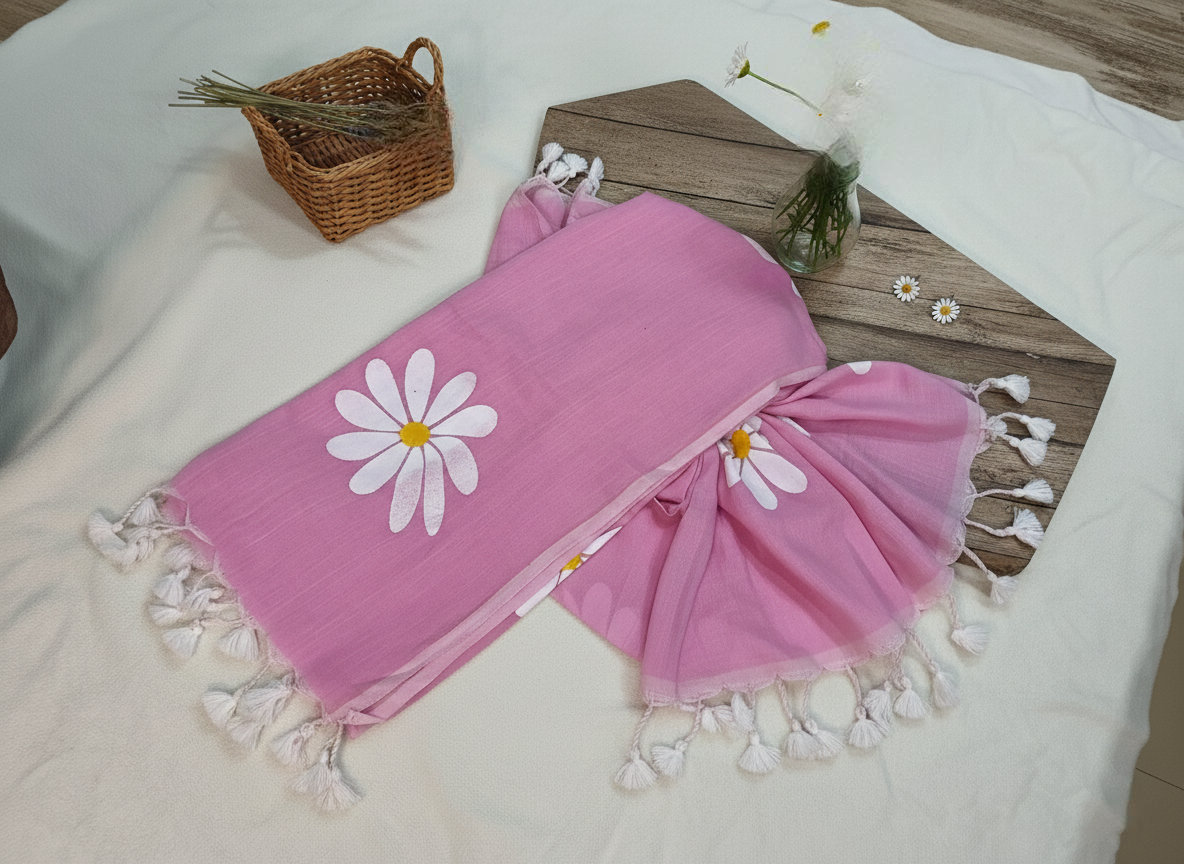 Gulabi Bloom - Baby Pink Mulmul Saree with Hand-Painted Daisy Motifs