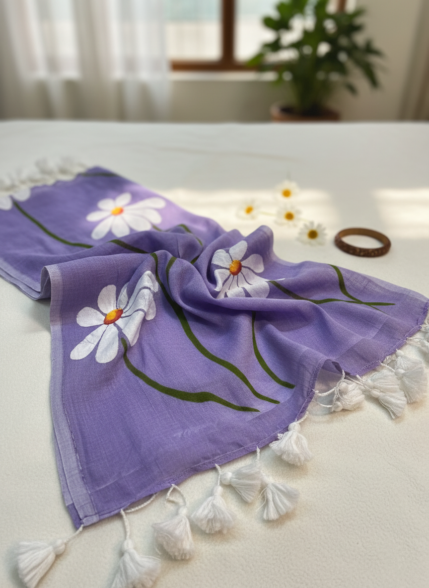 Nazaakat - Lavender Mulmul Saree with Hand-Painted Daisy Motifs