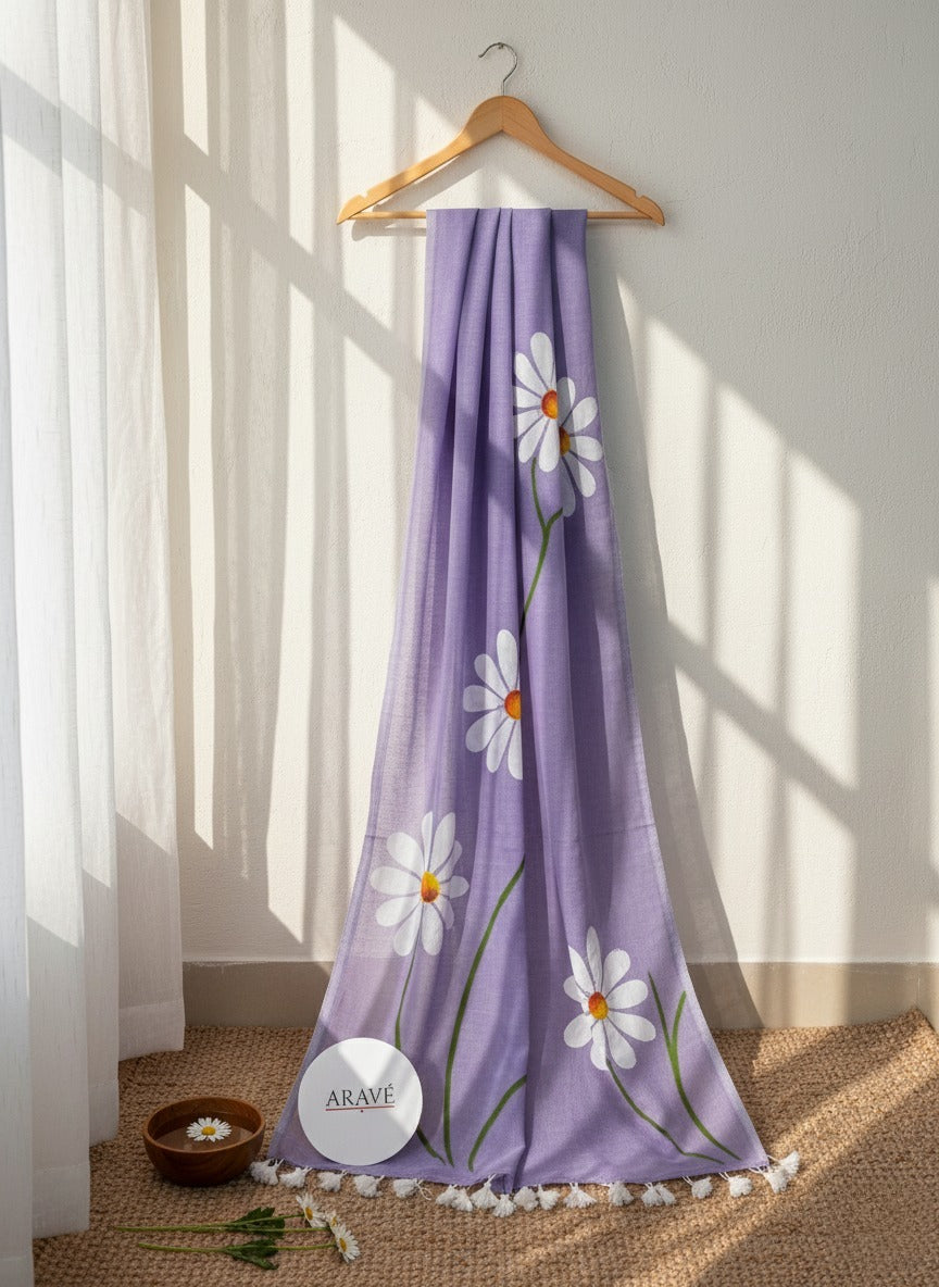 Nazaakat - Lavender Mulmul Saree with Hand-Painted Daisy Motifs