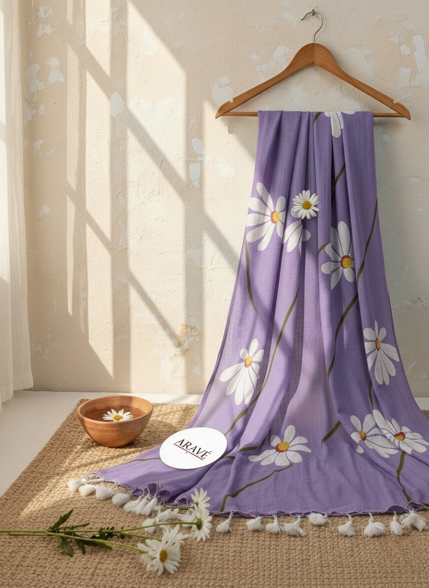 Nazaakat - Lavender Mulmul Saree with Hand-Painted Daisy Motifs