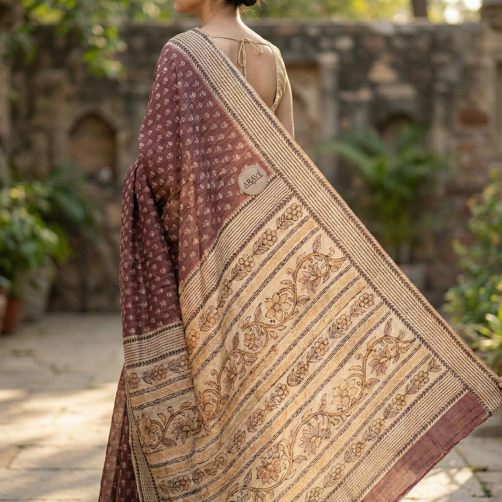 Sutra Saaz - Deep Peach Bhagalpuri Silk Saree with Katha Stitch Pallu