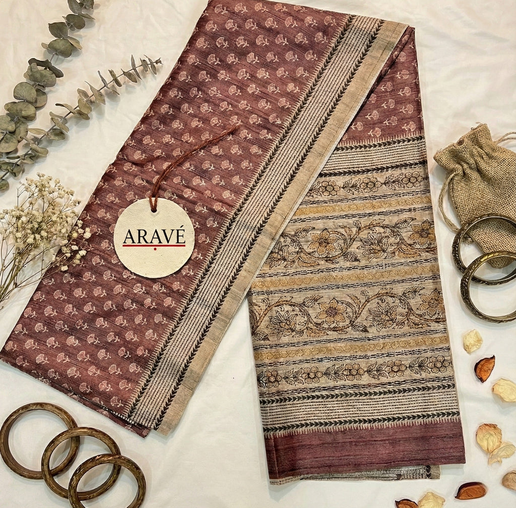 Sutra Saaz - Deep Peach Bhagalpuri Silk Saree with Katha Stitch Pallu